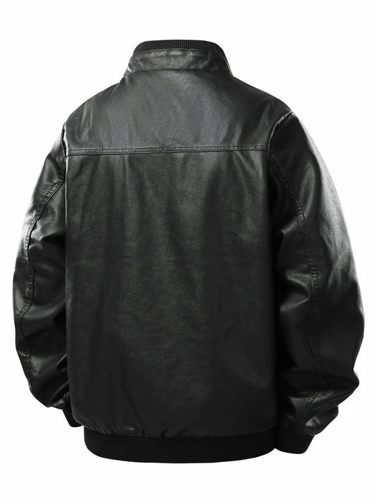 Men's Stand-Up Collar Leather Jacket, Vintage Style, Windproof and Neck-Protecting, Suitable for Outdoor Light Activities, Layering in Autumn and Winter, Casual Outings, Wearing at Home, Warm-Up for Sports, Short Trips