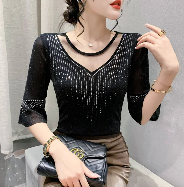2026 Spring Summer Mesh Tops Korean Fashion Diamond T Shirt Slim 3/4 Sleeve Hollow Out Casual Women Shirt