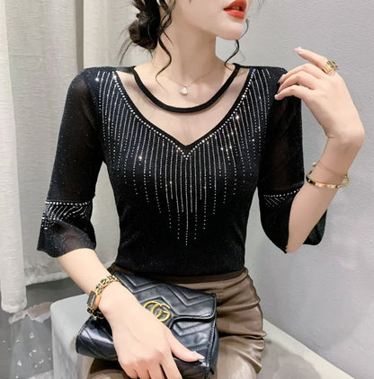 2026 Spring Summer Mesh Tops Korean Fashion Diamond T Shirt Slim 3/4 Sleeve Hollow Out Casual Women Shirt