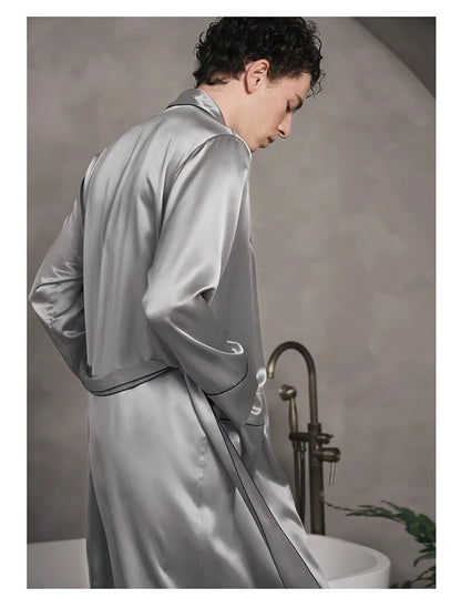 100% Natural Silk Men's Long Nightgown Navy Blue Casual Lounging Dress Comfortable Loose Size 5XL Weight 150KG Pajamas Cool