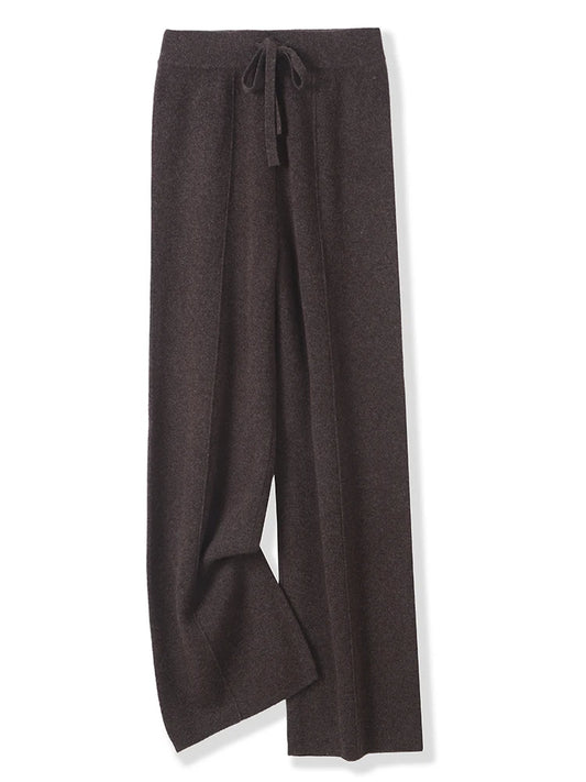 100% Merino Wool Pants Women Autumn Winter Casual Wide Leg Trousers Middle Seam Style Knitted Cashmere Soft Lace-up Trendy Pants