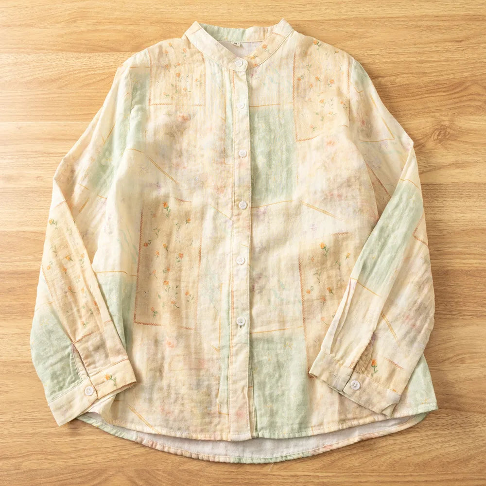 Slimming Long Sleeve Cotton Shirt Women's Fashionable Small Stand Collar Double Layer Printed Casual Shirt Autumn New Arrival
