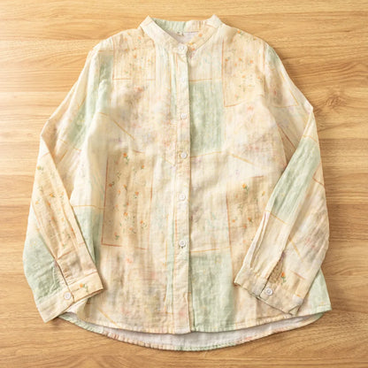 Slimming Long Sleeve Cotton Shirt Women's Fashionable Small Stand Collar Double Layer Printed Casual Shirt Autumn New Arrival