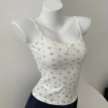 Bow Floral Eyelet Lace Trim Tank Tops Women Summer Cotton Sleeveless Slim Camisole Girls Sweet Cute Preppy Style Crop Top Y2K