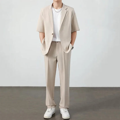 Summer Thin Ice Silk Drapey Suit Set Men's Short Sleeve Jacket Lightweight Casual Single-Breasted Suit Standard Fit Youth Trend
