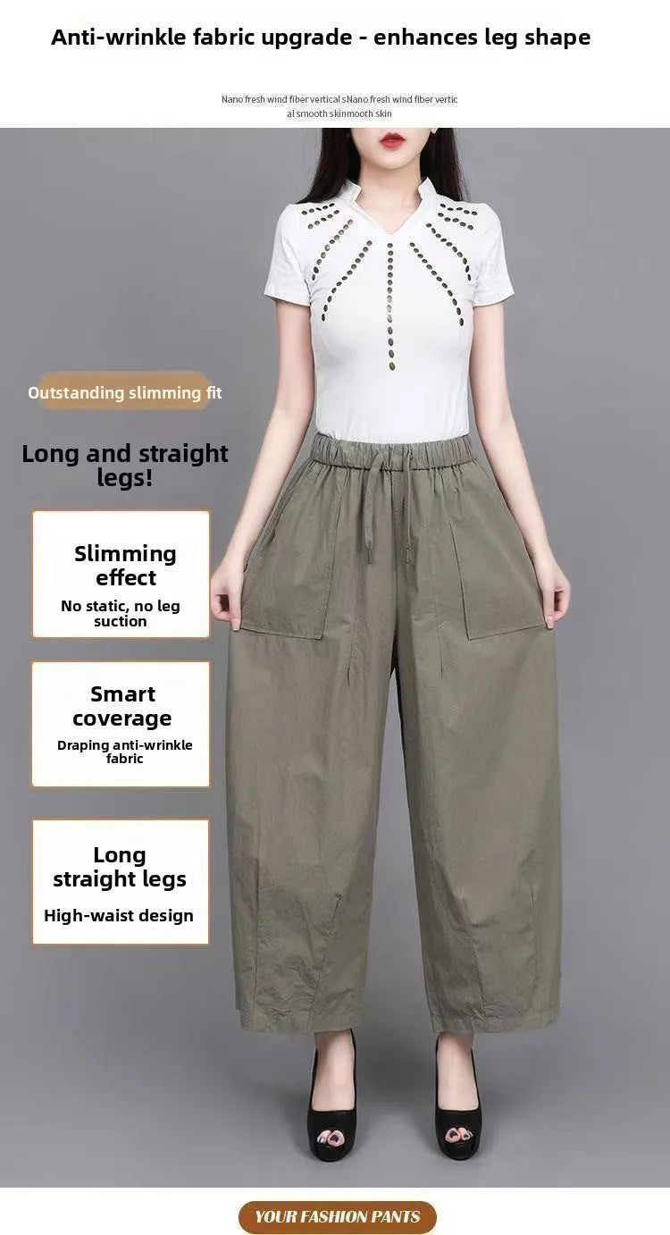 High Waist Wide Leg Pants Women Loose Slimming Nine Points Casual Pants plus Size Versatile Midlife Mom Pants Commute Style
