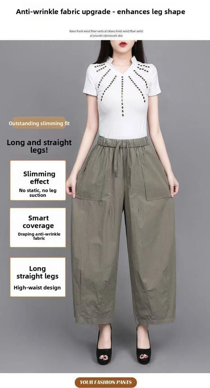 High Waist Wide Leg Pants Women Loose Slimming Nine Points Casual Pants plus Size Versatile Midlife Mom Pants Commute Style
