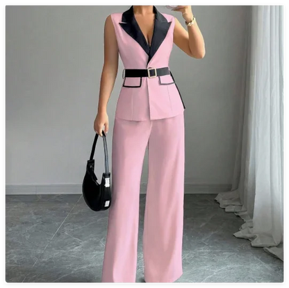 Women's Office Lady Ensemble Outfit Autumn Sleeveless Straight Leg Pants Set Classy Bandeau Elegant Style Top And Vest 2 Set
