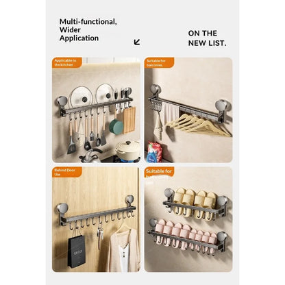 Suction Cup Kitchen Storage Rack Hook Rod No Drill Required Pot Spatula Spoon Knife Integrated Wall-Mounted Storage Rack