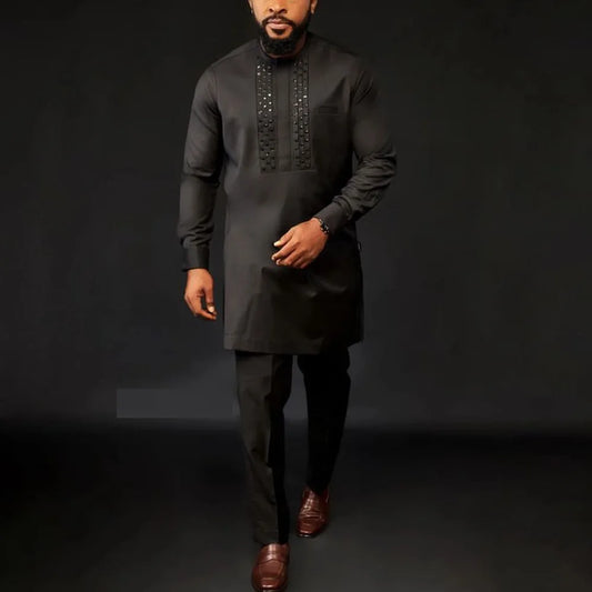 Fashionable Ethnic Embroidered Long Sleeve Long Pants Suit for Men New 2026 Style Summer Season round Neck Single Button Closure
