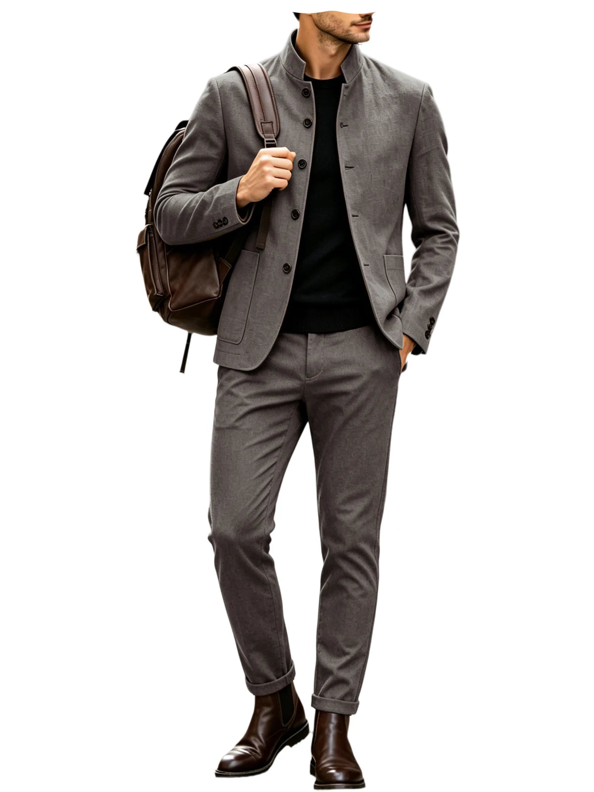 Men's Linen Stand Collar Suit 2-Piece Blazer & Pants Set Slim Fit Business Casual Tuxedo Jacket Trousers Formal Wedding Outfit