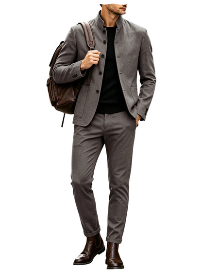 Men's Linen Stand Collar Suit 2-Piece Blazer & Pants Set Slim Fit Business Casual Tuxedo Jacket Trousers Formal Wedding Outfit