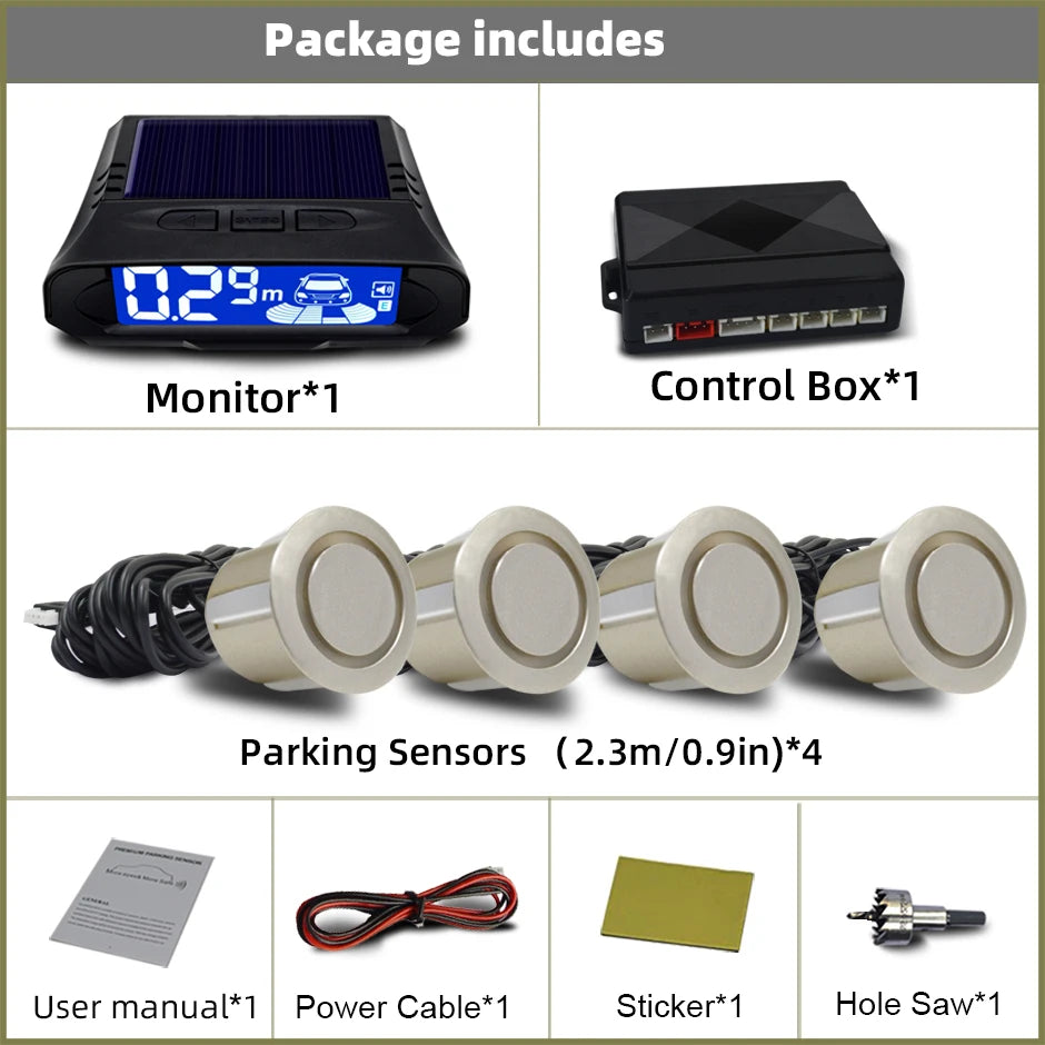 QXNY Wireless Solar Charging 4 Parking Sensors Kit Backup Radar Rear Parktronic Auto LCD Monitor Detector Assistance Reverse
