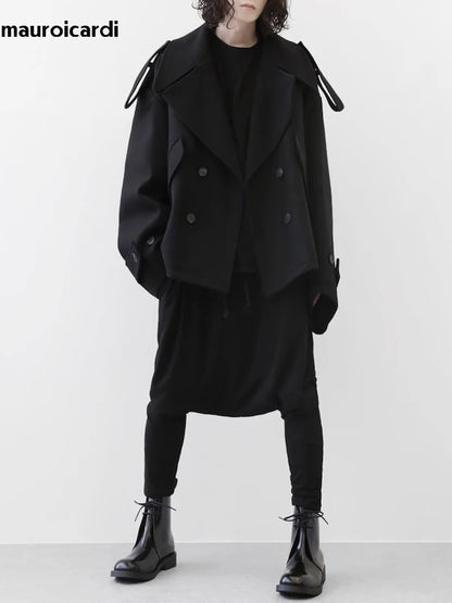 Mauroicardi Autumn Winter Warm Oversized Black Woolen Coat Men Cool Loose Luxury Dark Academia Aesthetic Vintage Clothes 2023