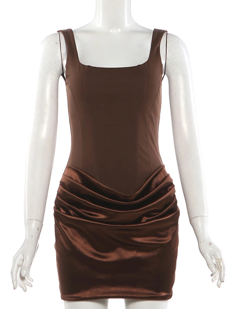Nibber Peach Hip Dress Women Elegant Christmas Low Chest Sleeveless Ruched Patchwork Birthday Party Dating Chic Skinny Clubwear