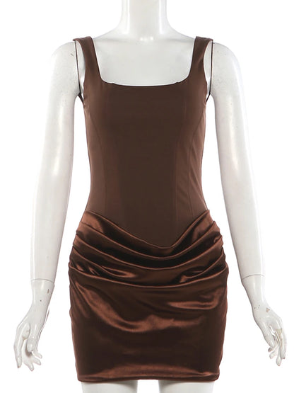 Nibber Peach Hip Dress Women Elegant Christmas Low Chest Sleeveless Ruched Patchwork Birthday Party Dating Chic Skinny Clubwear