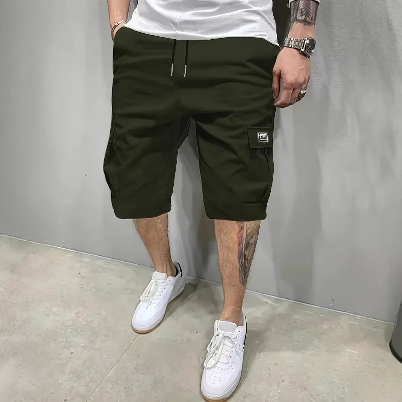 Men's Army Green Cargo Shorts Drawstring Waist Loose Fit Multi Pocket Shorts Men Summer Streetwear Casual Knee Shorts