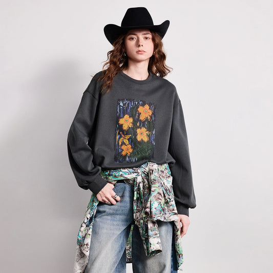TOYOUTH Women Crew Neck Loose Sweatshirt 2026 Spring New Oil Painting Print Minimalist Chic Casual Top