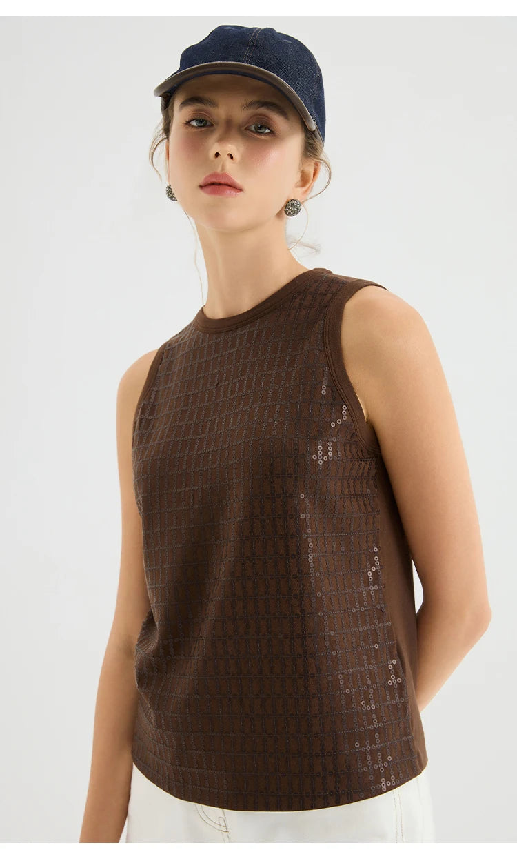 KX7613768 Luxury Chic Glitter Blouse Women's Viscose Elastane Sequin Tank Top Polyester Lining Fitted Vest