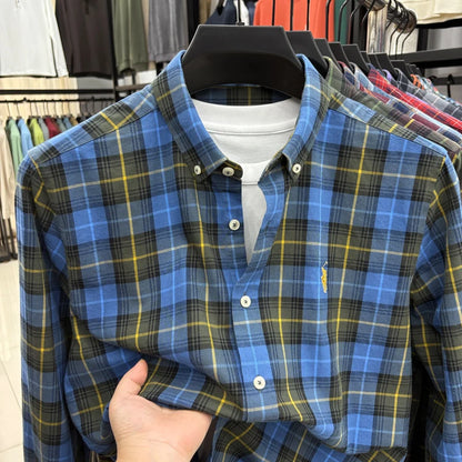 American-style Plaid Long-sleeve Shirt for Men, Pure Cotton Casual Trendy Brand Embroidered Red Shirt Top for Spring and Autumn