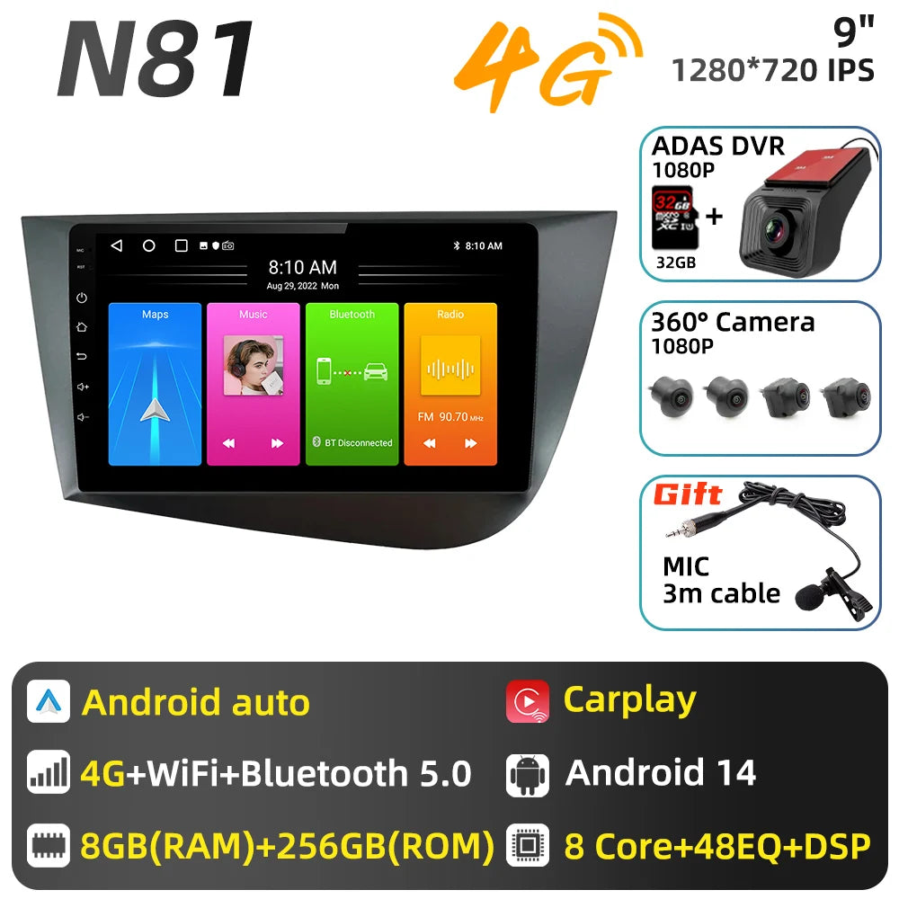 Carplay For Seat Leon 2 MK 2 2005 - 2012 Car Radio Car Multimedia Player Android Auto GPS Navigation Head Unit Stereo 2 Din 4G