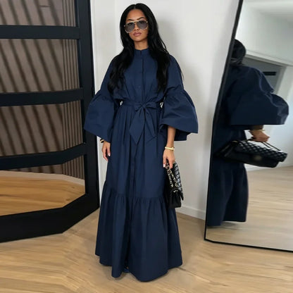 Casual Women Dress Belt Cinched Waist Long Sleeve High Collar Solid Single Breasted Female Dress Chic Lady Commute Summer 2026