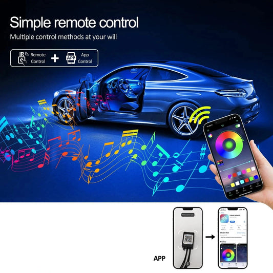 Smart RGB Neon Car Interior Lights Dynamic Atmosphere Custom Decor 12V APP Control Fiber Optic Ambient Lighting