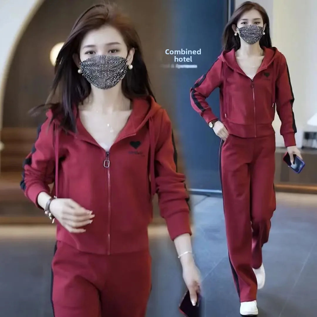 Fashionable Casual Sportswear Set 2026 New Style Slimming Wide Leg Pants Autumn Trendy Two Piece Suit Polyester Fabric