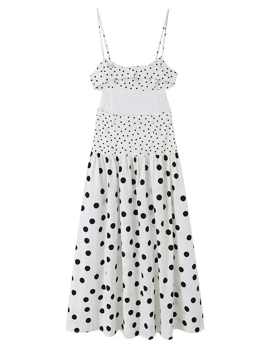 HH Women Summer Coquette Feminine Polka Dot Sleeveless Dress Spring Waist Cutout Fitted Waist Maxi Lightweight Dress For Daily