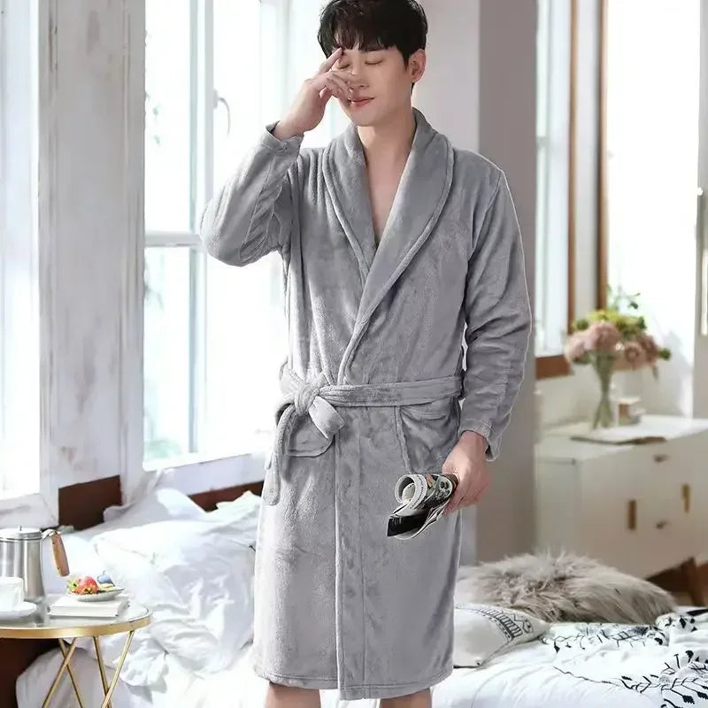 Water Absorbent Warm Men Bathrobe Winter Adjustable Lace Up Belt Cozy Bath Robe Home Daily Loungewear Comfortable Men Wear