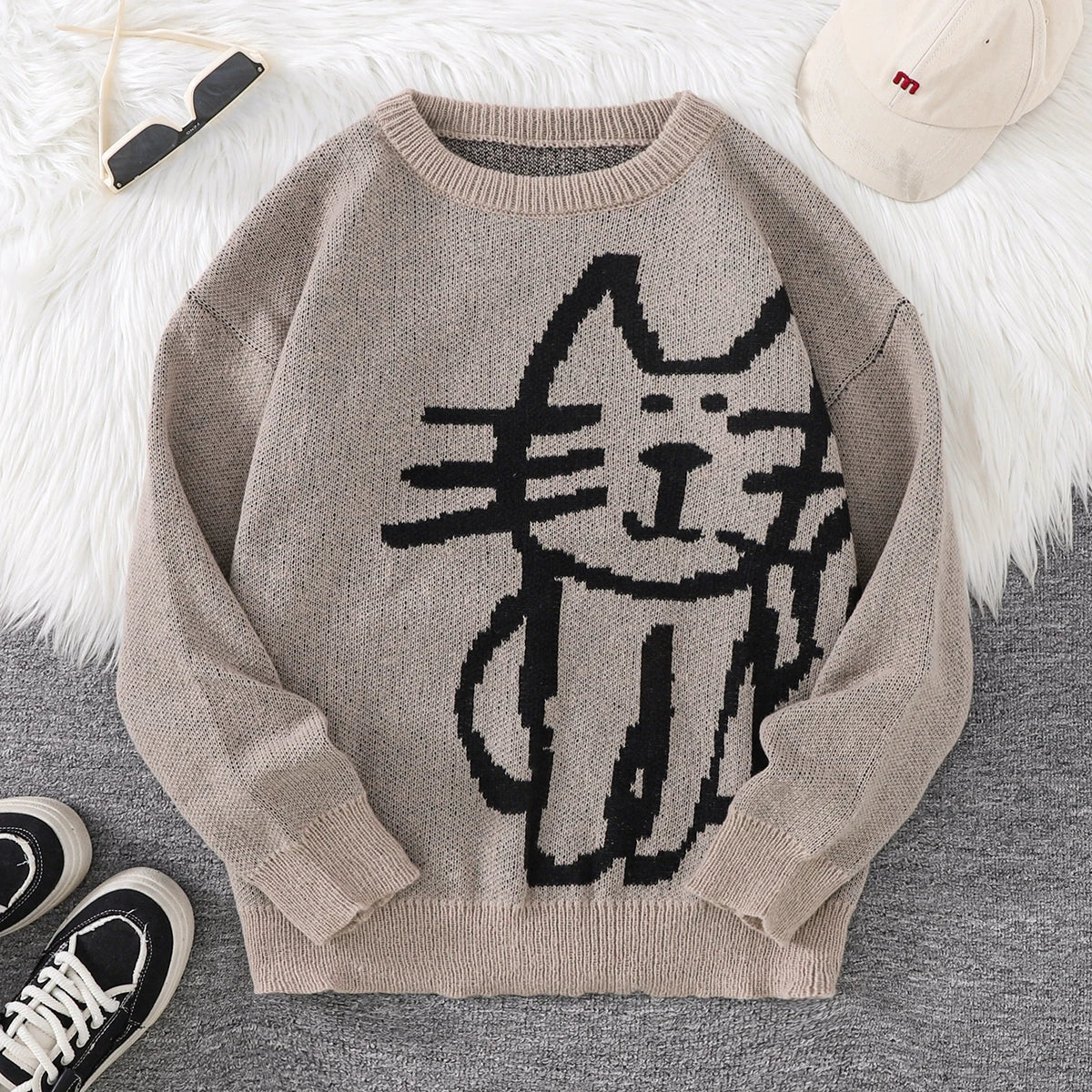 Autumn and Winter Abstract Kitten Jacquard Pattern Pullover Sweater Casual Round Neck Knitted Men's Pullover
