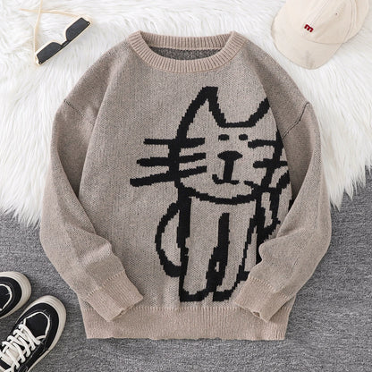 Autumn and Winter Abstract Kitten Jacquard Pattern Pullover Sweater Casual Round Neck Knitted Men's Pullover