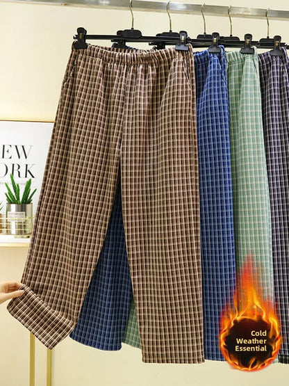 Men's Casual Dervo Home Pants Autumn Winter Plaid Spwear Large Size Comfortable All-Match Long Trousers for Daily Wear