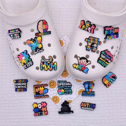 1-16Pcs Be Kind Autism Awareness Love Patience Understanding Pvc Garden Shoe Charms Buckle Kid Cartoon Accessories DIY Backpack