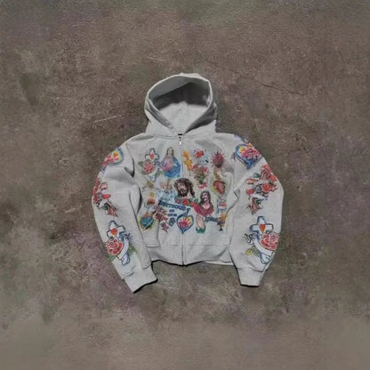 Cartoon Print Hooded Zipper Sweatshirt Loose Fit Comfortable Long Sleeve Women's Casual Streetwear Fashion Sweatshirt