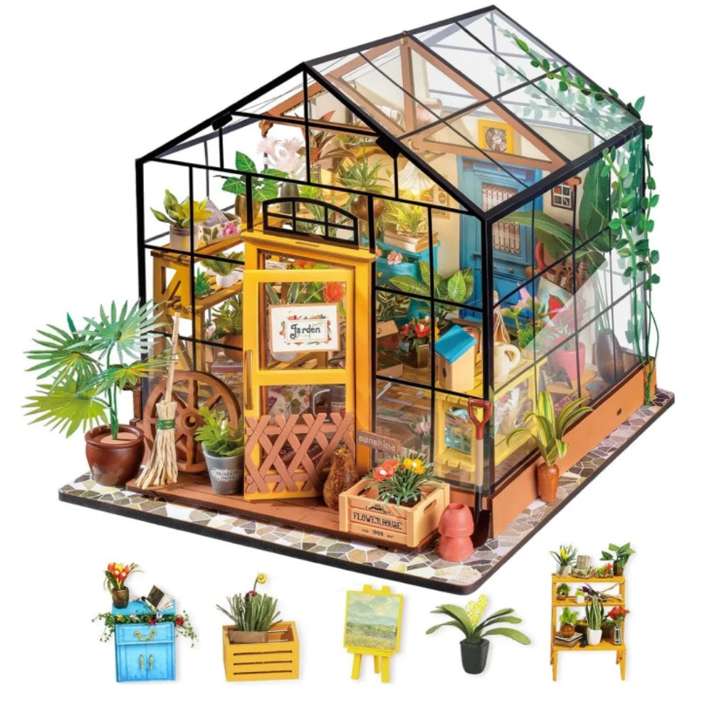 Rolife Mini Green House Cathy's Flower House DIY Dollhouse Wooden Miniature Furniture Kit with LED Best Birthday Gifts