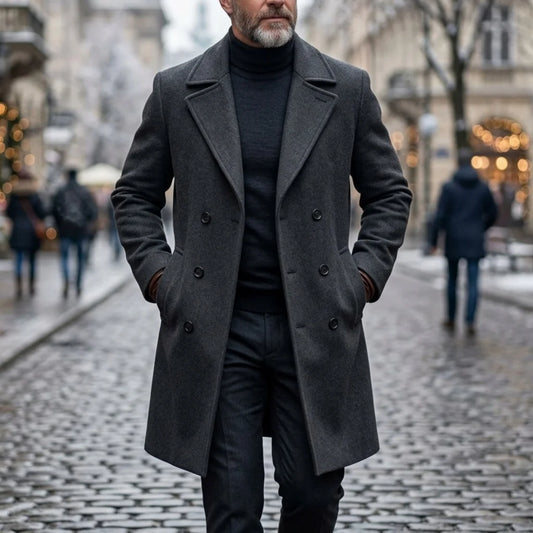 New Men's Coats Double Breasted Coat Autumn Winter Warm Garry Cloth Solid Color Overcoat Medium Long Mens Streetwear Casual Suit