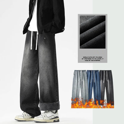 2026 Winter Men Thickened Warm American Style Jeans Male Loose Straight Leg Denim Trousers High Street Solid Fleece Pants