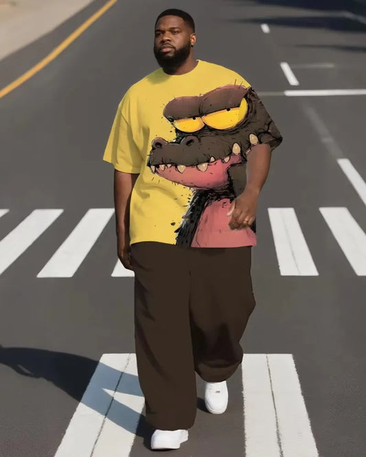 S-9XL Men's Plus Size Hip Hop Cartoon Print Short Sleeve T-shirt and Pants Two-Piece Set