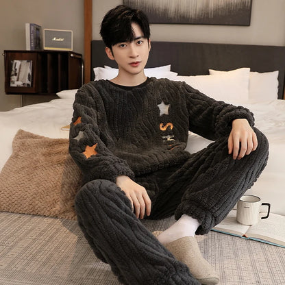 Men's Winter Jacquard Weave Flannel Pajamas Set Coral Fleece Cartoon Sleepwear Homewear Thick Warm Male Suit Fall Sweatshirt 5XL