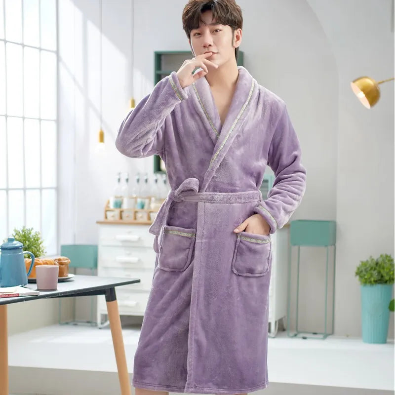 Thickened Flannel Sleepwear Coat for Men And Women Warm Winter Coral Velvet Robe Couple Home Clothes Mid-Length Bath Robe