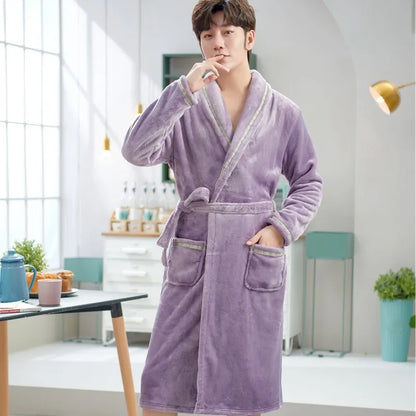 Thickened Flannel Sleepwear Coat for Men And Women Warm Winter Coral Velvet Robe Couple Home Clothes Mid-Length Bath Robe