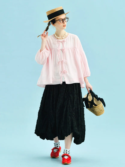 Shirt women 2025 imakokoni original summer art loose handmade hook flower tied rope cardigan top 255002