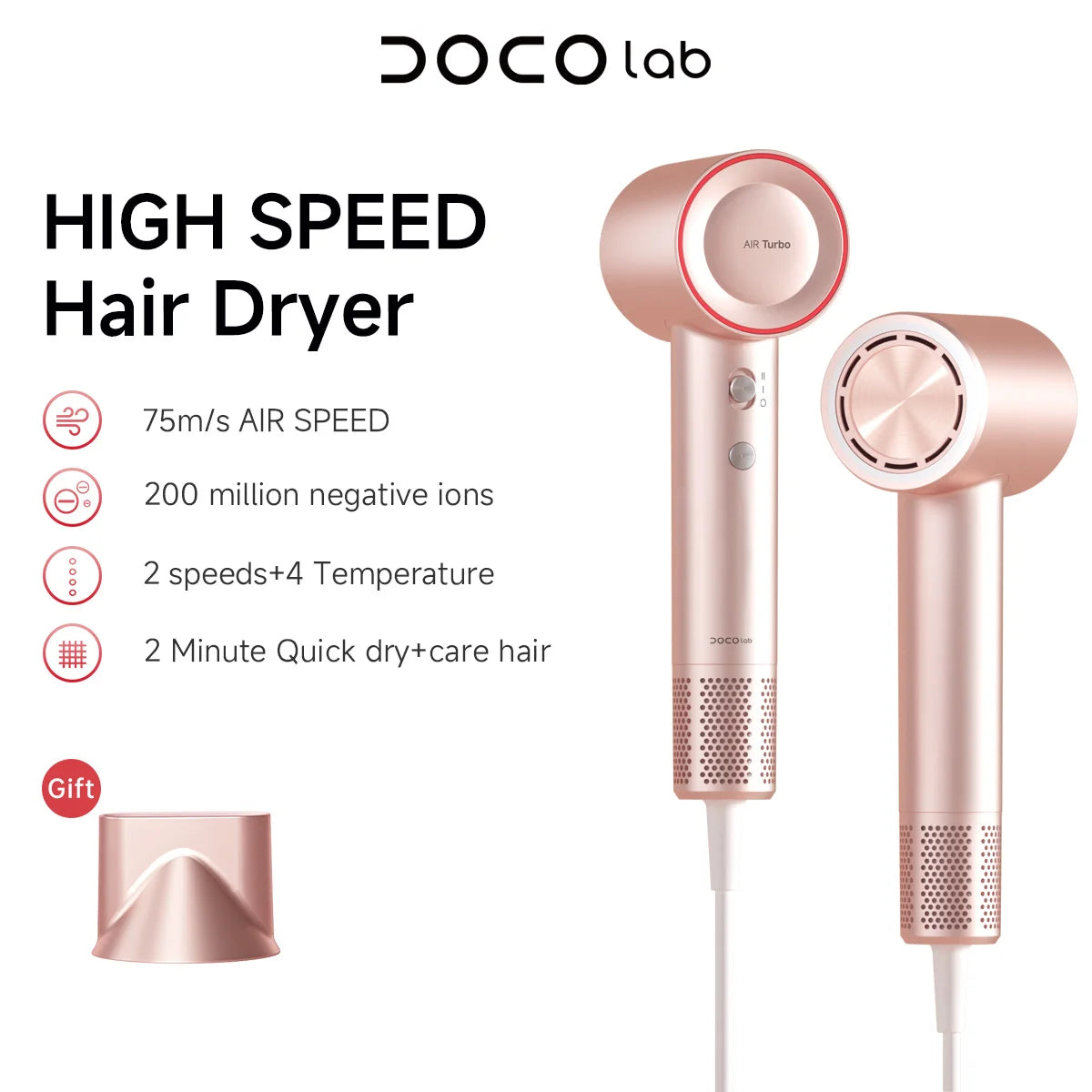 DOCOLAB High Speed Hair Dryer UK Plug Negative Ions Straightener 525g Lightweight Magnetic Nozzle Blow Dryer Home Travel Gift
