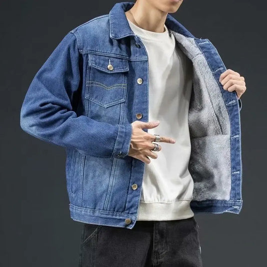 Korean Version Winter New Warm Men'S Denim Jacket With Plush Thick Coat Casual Jacket Men'S Loose Tops