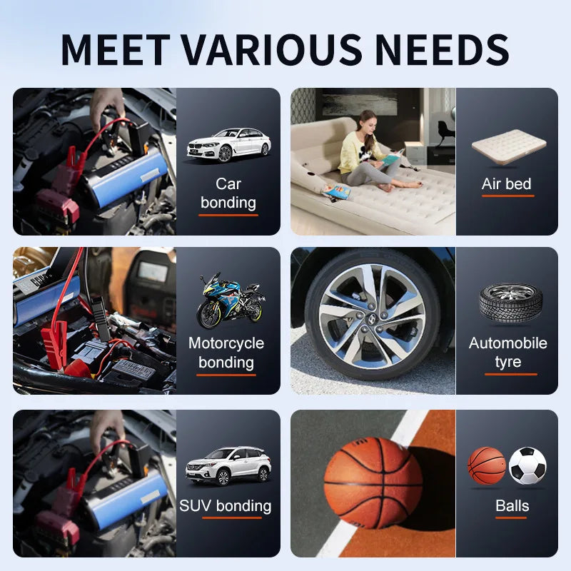 12000 mAh Portable Car Battery Starter&Air Pump 12V Booster  Emergency Jump Starter Powerbank Warning Light Compressor Inflator