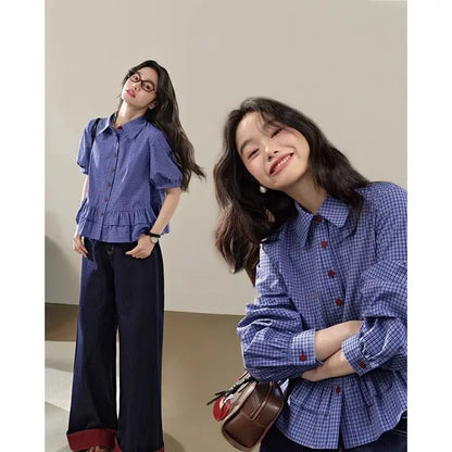 Blue Plaid Short Shirt Women's Spring Summer New Miu Style Ruffle Sleeve Top Female Fashionable Casual Business Workwear