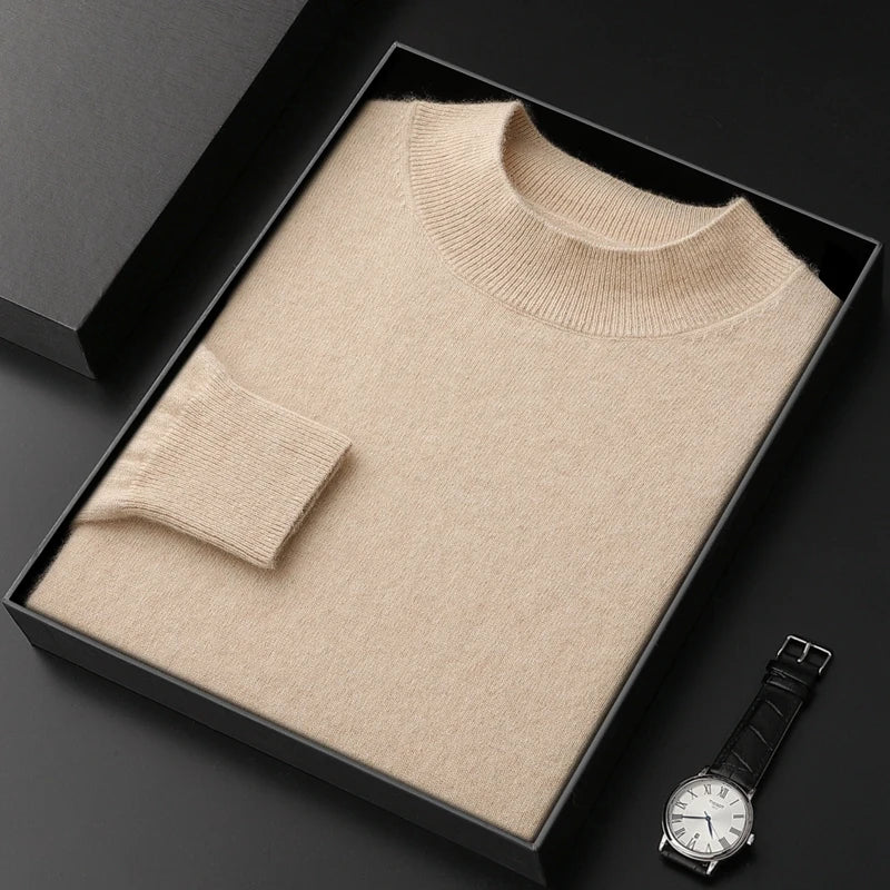 100% Pure Cashmere Sweater Men's Half High Collar Solid Color Pullover Fashion New Knit Undercoat  Autumn and Winter Long Sleeve