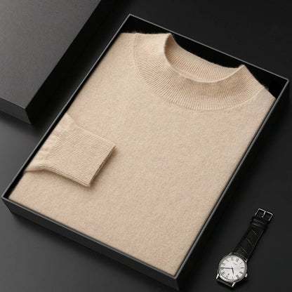 100% Pure Cashmere Sweater Men's Half High Collar Solid Color Pullover Fashion New Knit Undercoat  Autumn and Winter Long Sleeve