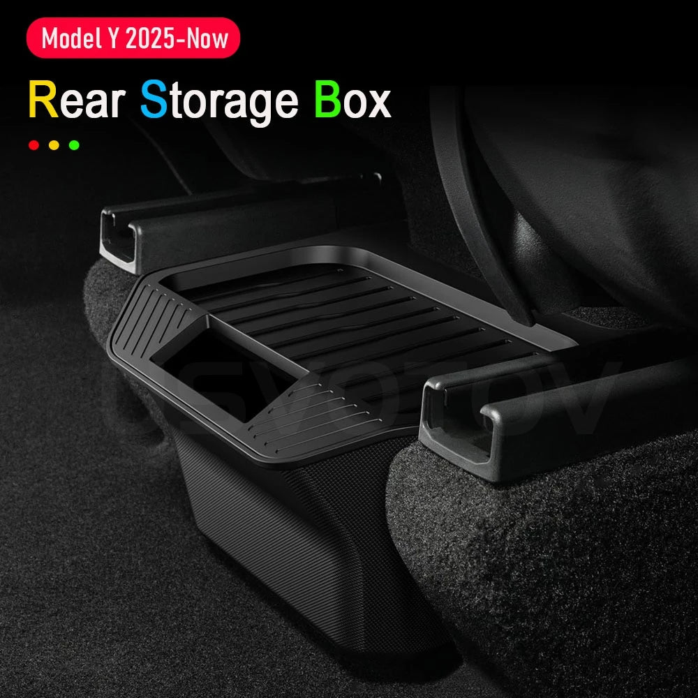 Rear Center Console Organizer for Tesla Model Y Juniper 2025 2026 Trash Can 2nd Row Under Floor Storage Box Bin Mat Accessories
